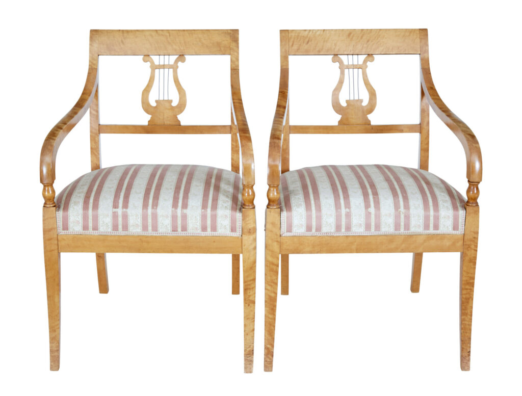 Pair of Early 20th Century Empire Revival Birch Armchairs