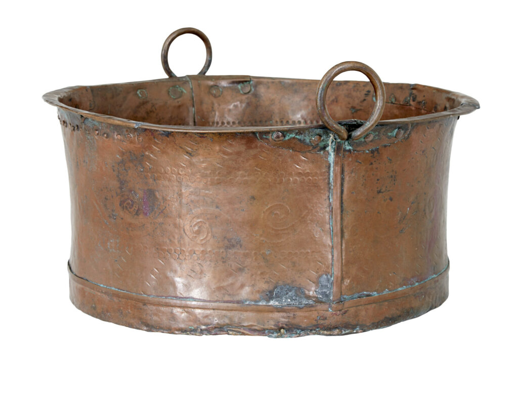 19TH CENTURY EMBOSSED BRASS COPPER COOKING POT
