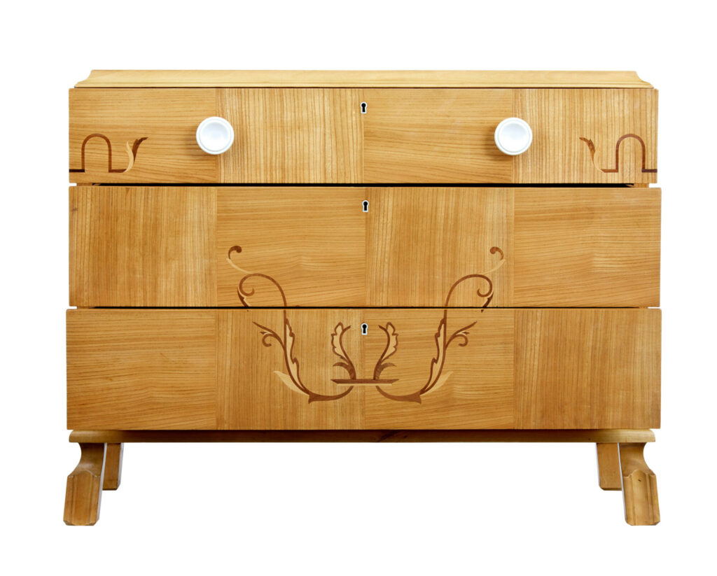 Mid 20th Century Scandinavian Elm Inlaid Chest of Drawers — image 2