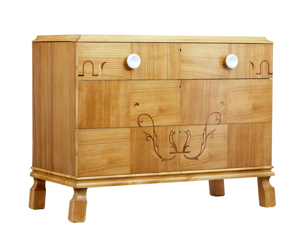 Mid 20th Century Scandinavian Elm Inlaid Chest of Drawers