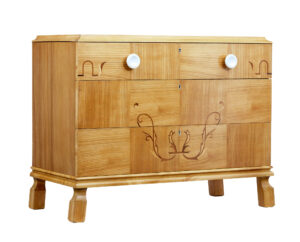 Mid 20th Century Scandinavian Elm Inlaid Chest of Drawers — thumbnail 1