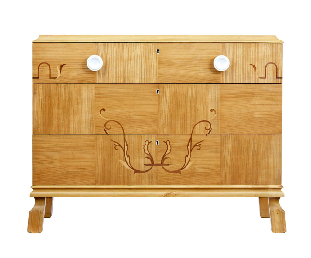 Mid 20th Century Scandinavian Elm Inlaid Chest of Drawers — image 3