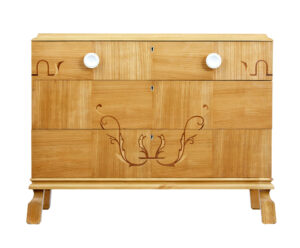 Mid 20th Century Scandinavian Elm Inlaid Chest of Drawers — thumbnail 3
