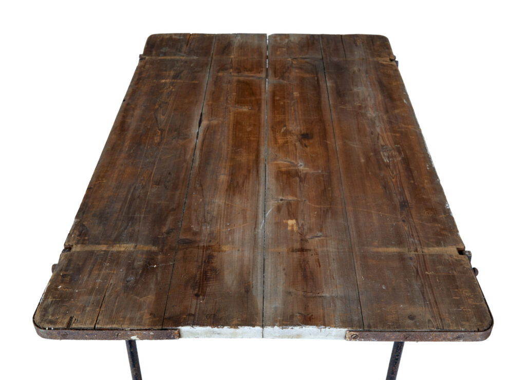 Early 20th Century Pine and Iron Trestle Work Table — image 5