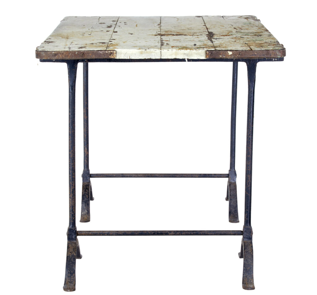 Early 20th Century Pine and Iron Trestle Work Table — image 7