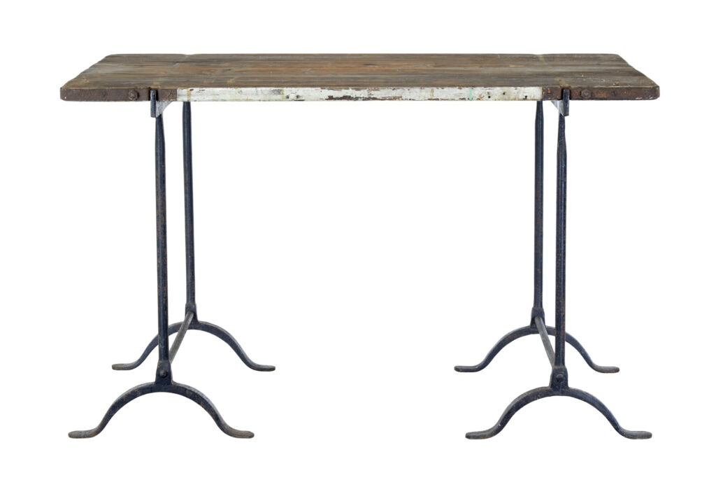 Early 20th Century Pine and Iron Trestle Work Table — image 2