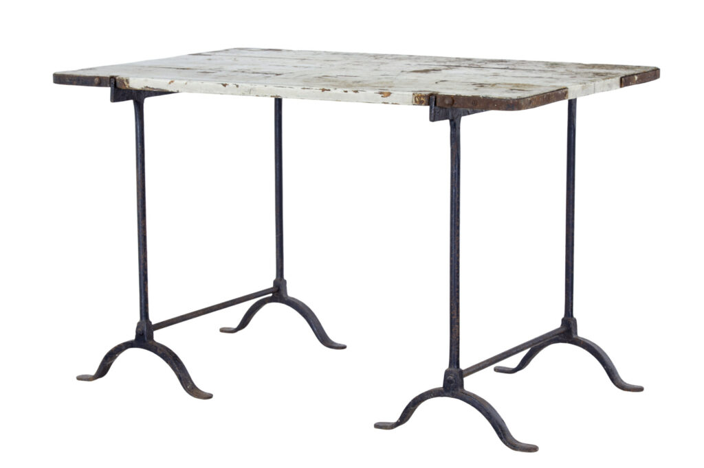 Early 20th Century Pine and Iron Trestle Work Table