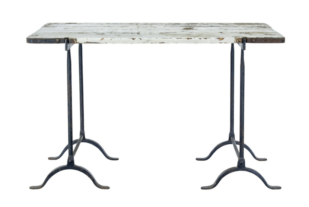Early 20th Century Pine and Iron Trestle Work Table — image 3