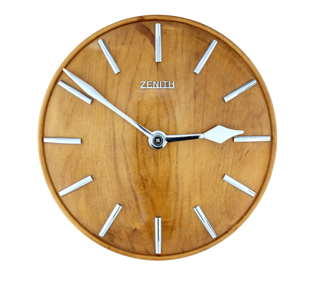 MID CENTURY ZENITH OAK WALL CLOCK