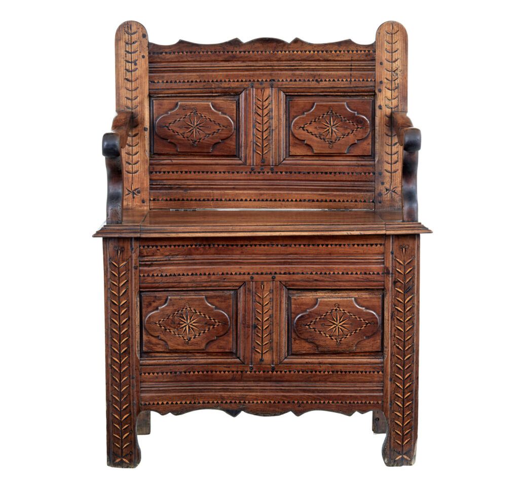 French 18th Century Small Inlaid Chestnut Settle