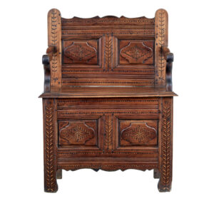 French 18th Century Small Inlaid Chestnut Settle — thumbnail 1