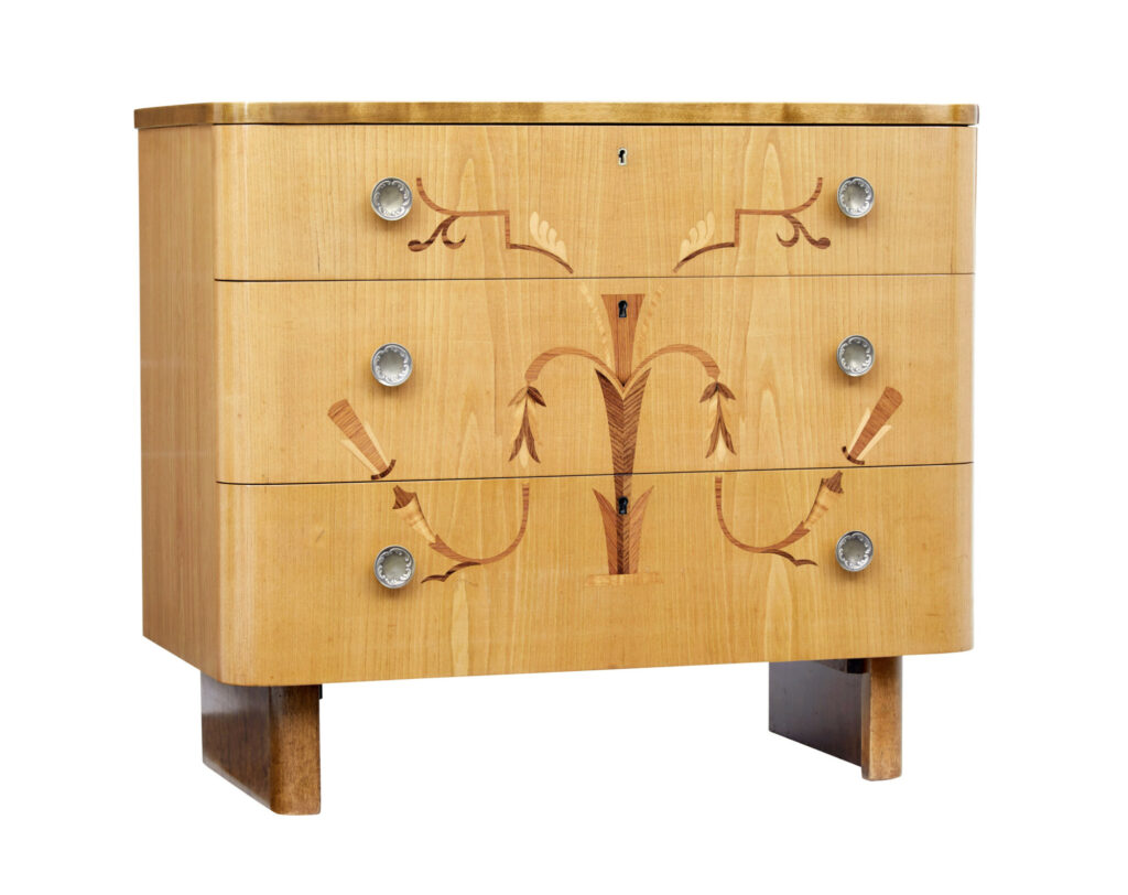 Mid 20th Century Swedish Inlaid Elm and Birch Chest of Drawers