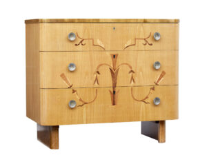 Mid 20th Century Swedish Inlaid Elm and Birch Chest of Drawers — thumbnail 1