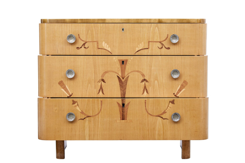 Mid 20th Century Swedish Inlaid Elm and Birch Chest of Drawers — image 6
