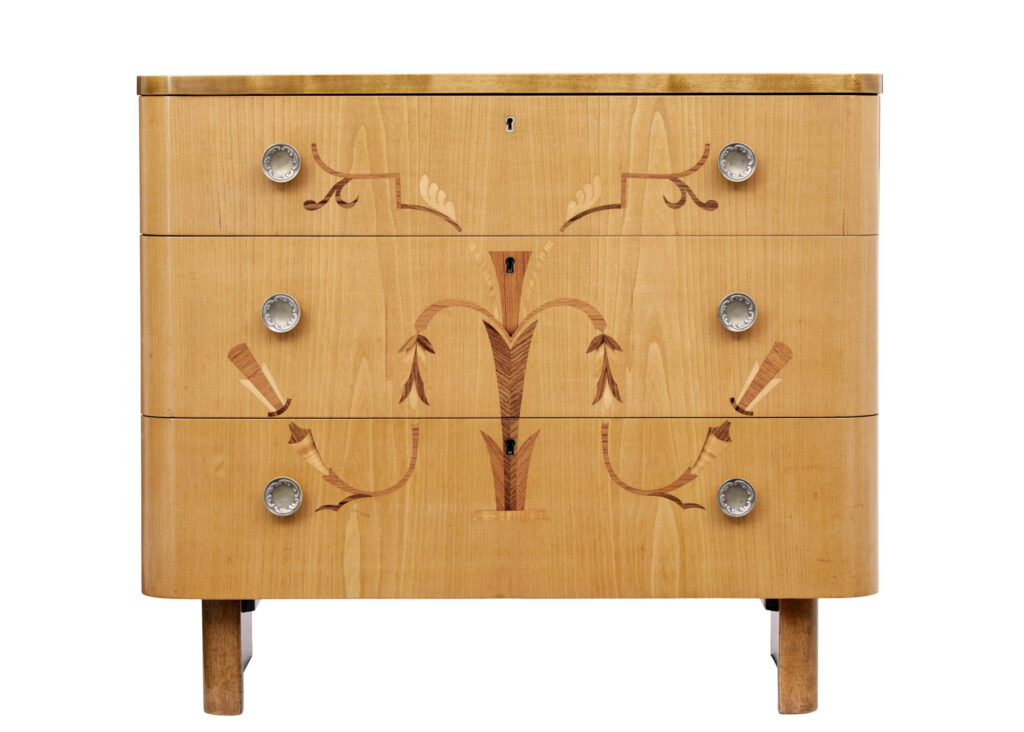 Mid 20th Century Swedish Inlaid Elm and Birch Chest of Drawers — image 7