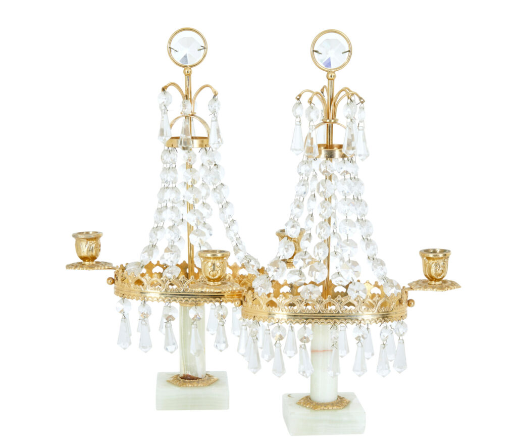 Pair of 20th Century Cut Glass and Marble Candelabra