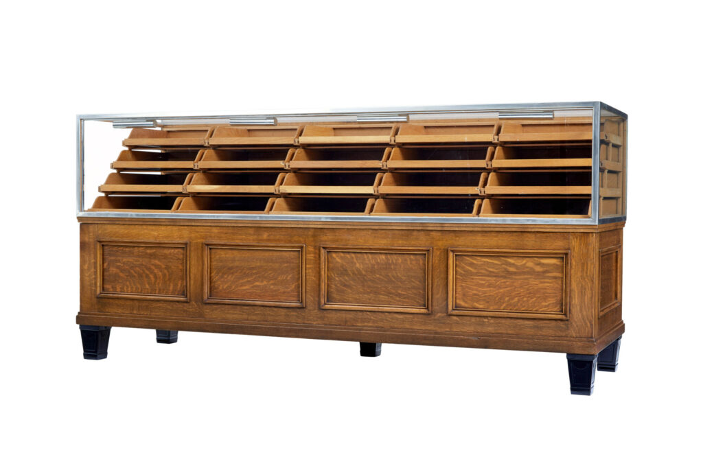 ART DECO GLAZED AND OAK HABERDASHERY CABINET