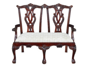 HAND CARVED CHIPPENDALE INFLUENCED MINIATURE 2 SEAT CHAIR