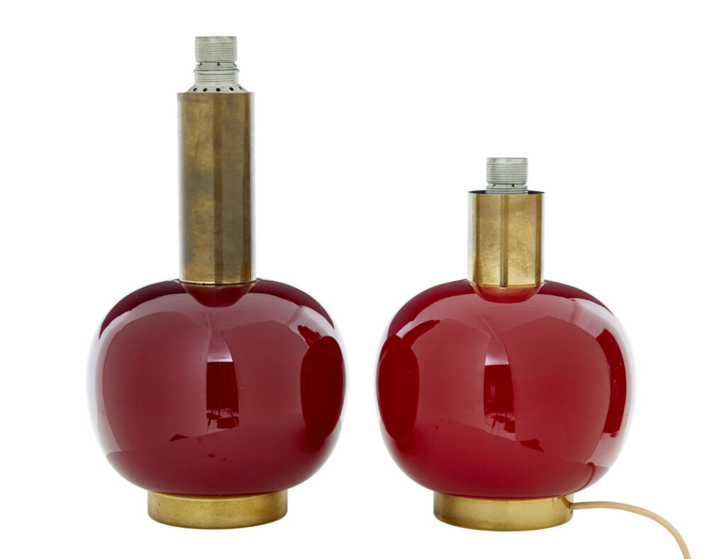 Near Pair of 1970’s Glass and Brass Cherry Table Lamps