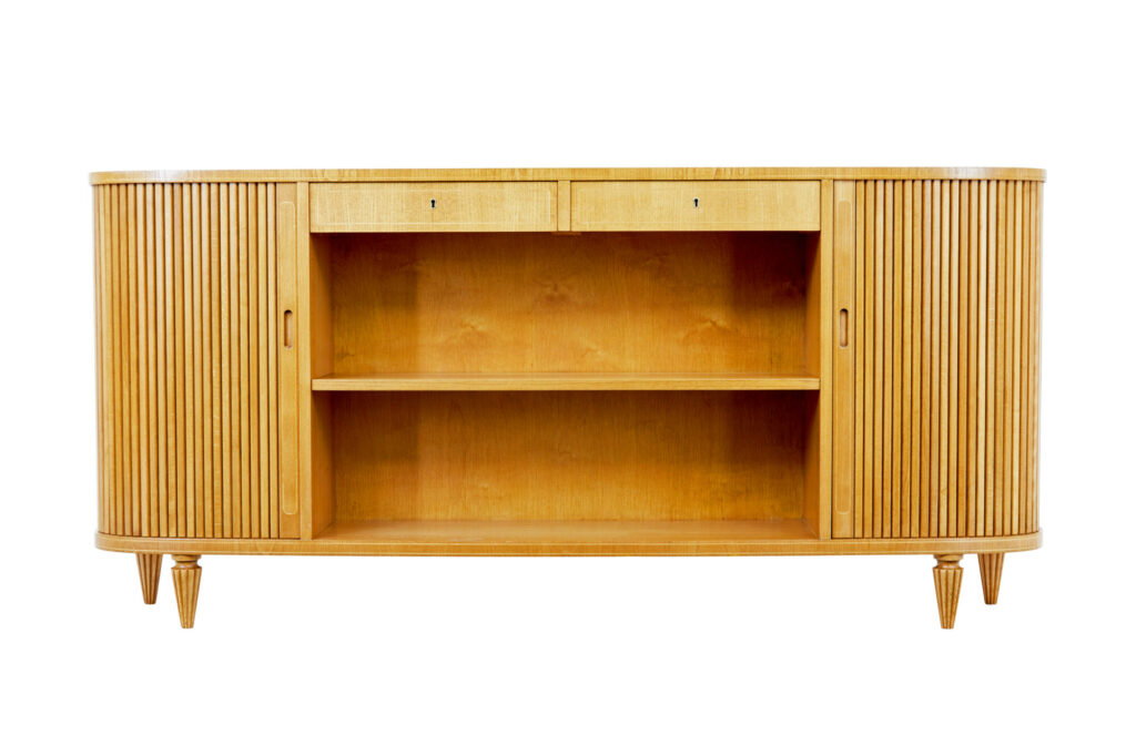 SWEDISH MID 20TH CENTURY ELM TAMBOUR FRONT LOW OPEN BOOKCASE