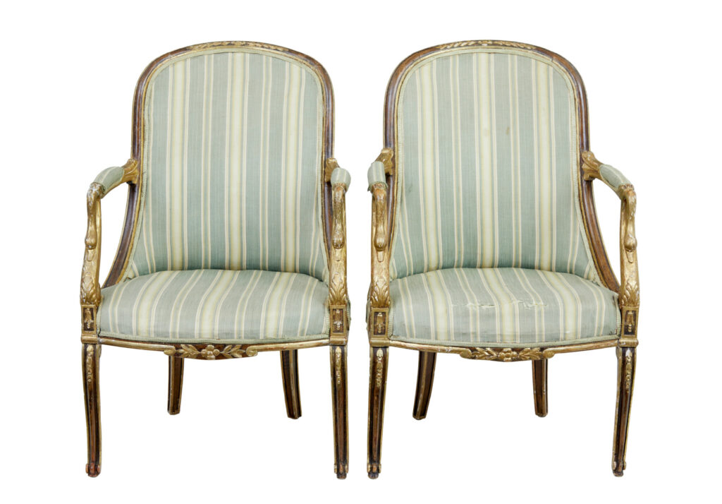 PAIR OF MID 19TH CENTURY FRENCH WALNUT AND GILT ARMCHAIRS