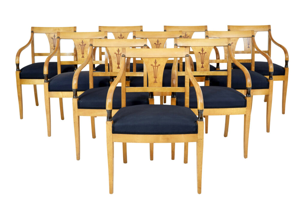 Set of 10 Art Deco Swedish Birch Dining Armchairs