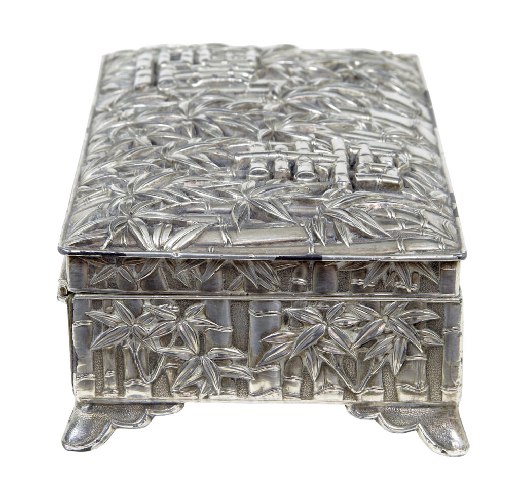 20th Century Oriental Silver Plate Bamboo Decorated Tobacco Box — image 6