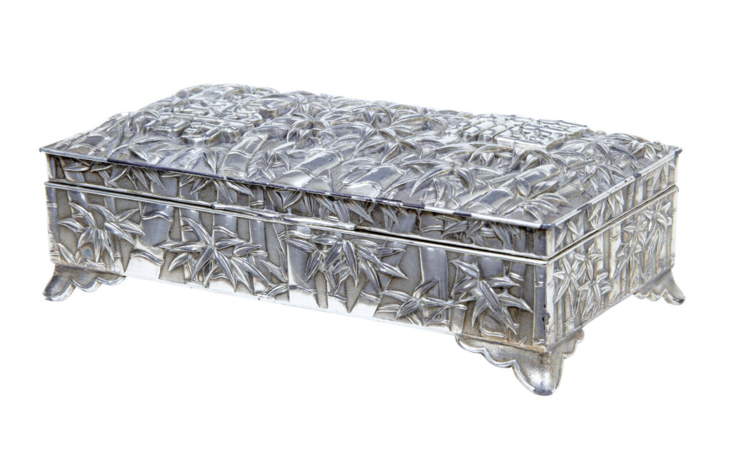 20TH CENTURY ORIENTAL SILVER PLATE BAMBOO DECORATED TOBACCO BOX