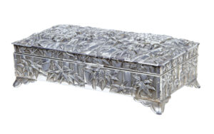 20TH CENTURY ORIENTAL SILVER PLATE BAMBOO DECORATED TOBACCO BOX
