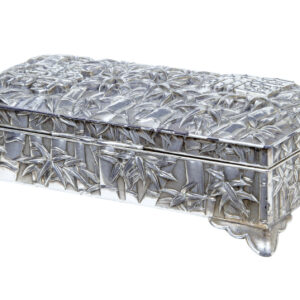 20TH CENTURY ORIENTAL SILVER PLATE BAMBOO DECORATED TOBACCO BOX