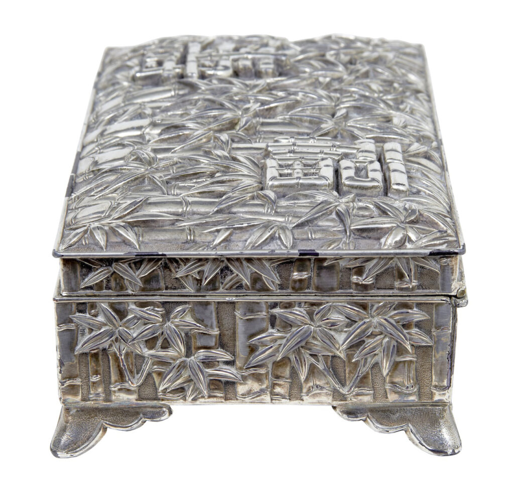 20th Century Oriental Silver Plate Bamboo Decorated Tobacco Box — image 7