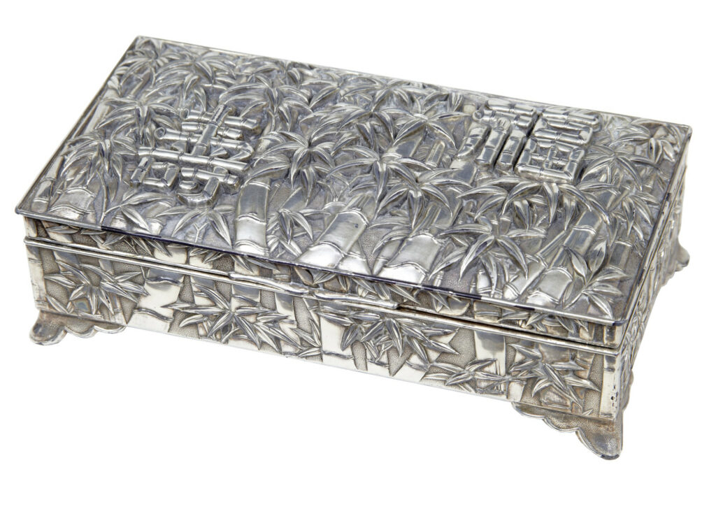 20th Century Oriental Silver Plate Bamboo Decorated Tobacco Box — image 3