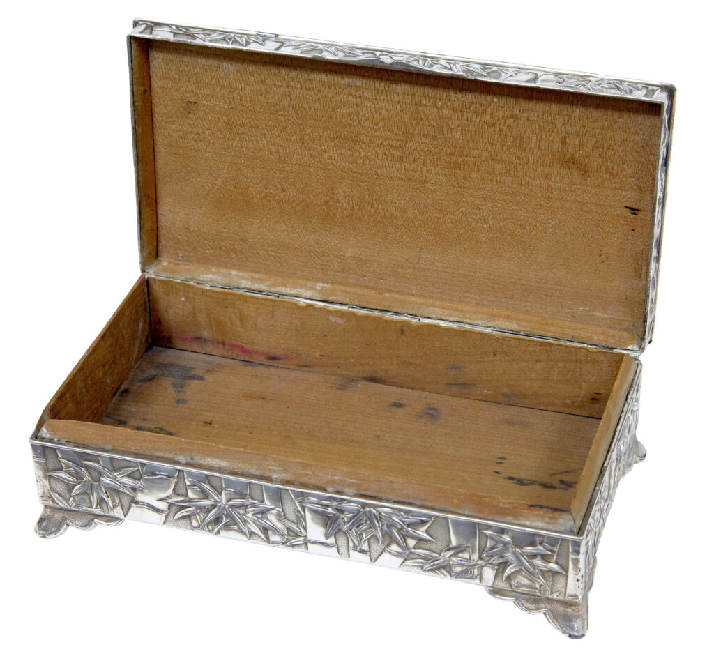 20th Century Oriental Silver Plate Bamboo Decorated Tobacco Box — image 2