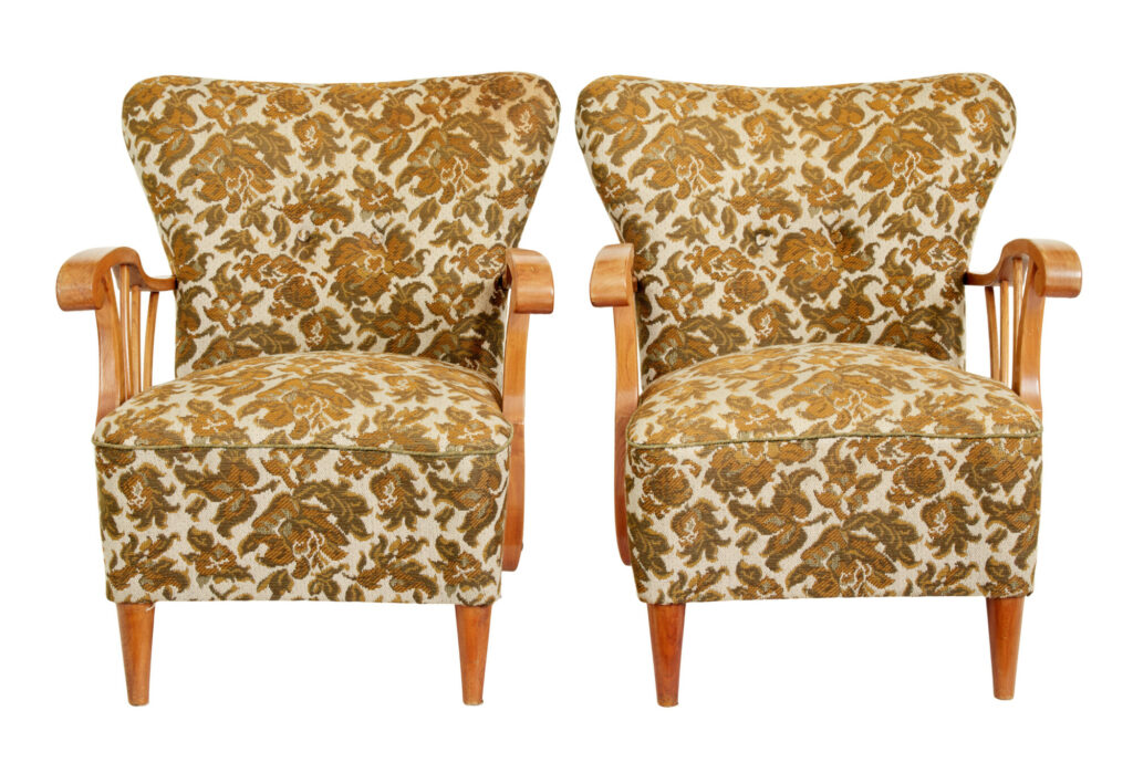 PAIR OF MID CENTURY ELM SCANDINAVIAN ARMCHAIRS