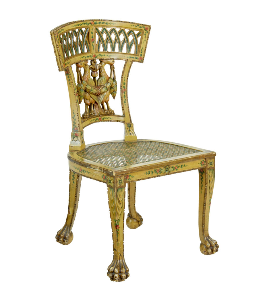 19TH CENTURY BIEDERMEIER CARVED AND PAINTED CANE CHAIR