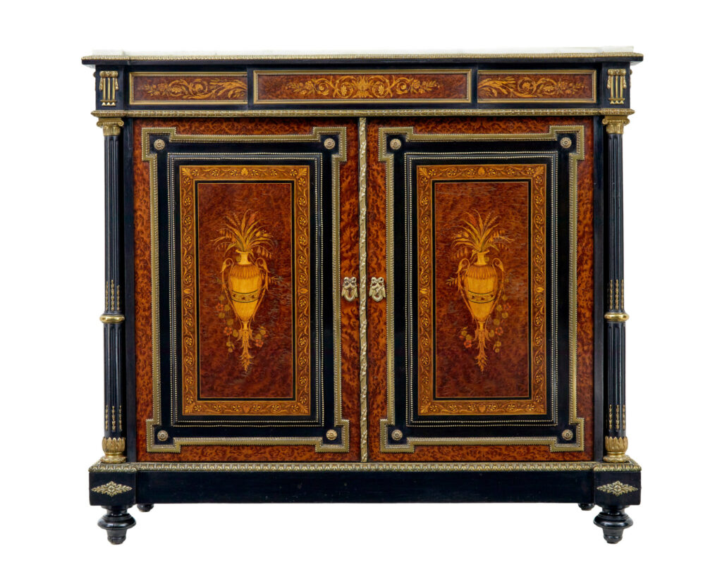 19TH CENTURY FRENCH MARBLE TOP INLAID AMBOYNA SIDEBOARD