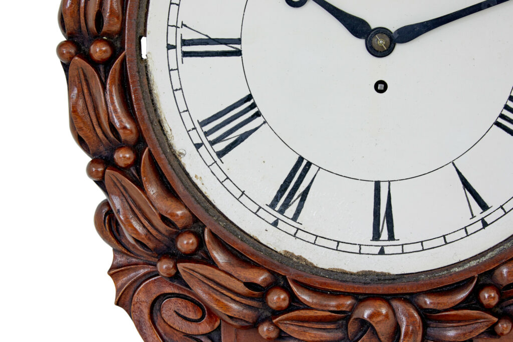 Mid 19th Victorian Century Carved Mahogany Fusee Wall Clock — image 5