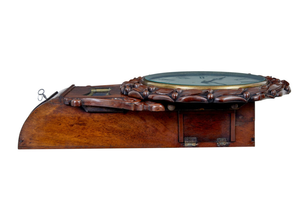 Mid 19th Victorian Century Carved Mahogany Fusee Wall Clock — image 4