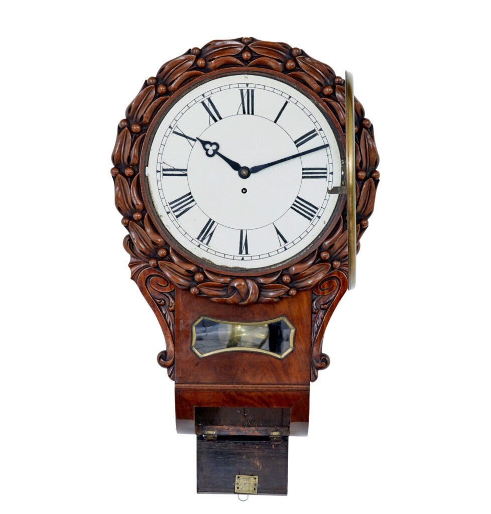 Mid 19th Victorian Century Carved Mahogany Fusee Wall Clock — image 6