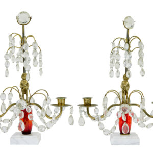 PAIR OF MID 20TH CENTURY CUT GLASS AND MARBLE CANDELABRA