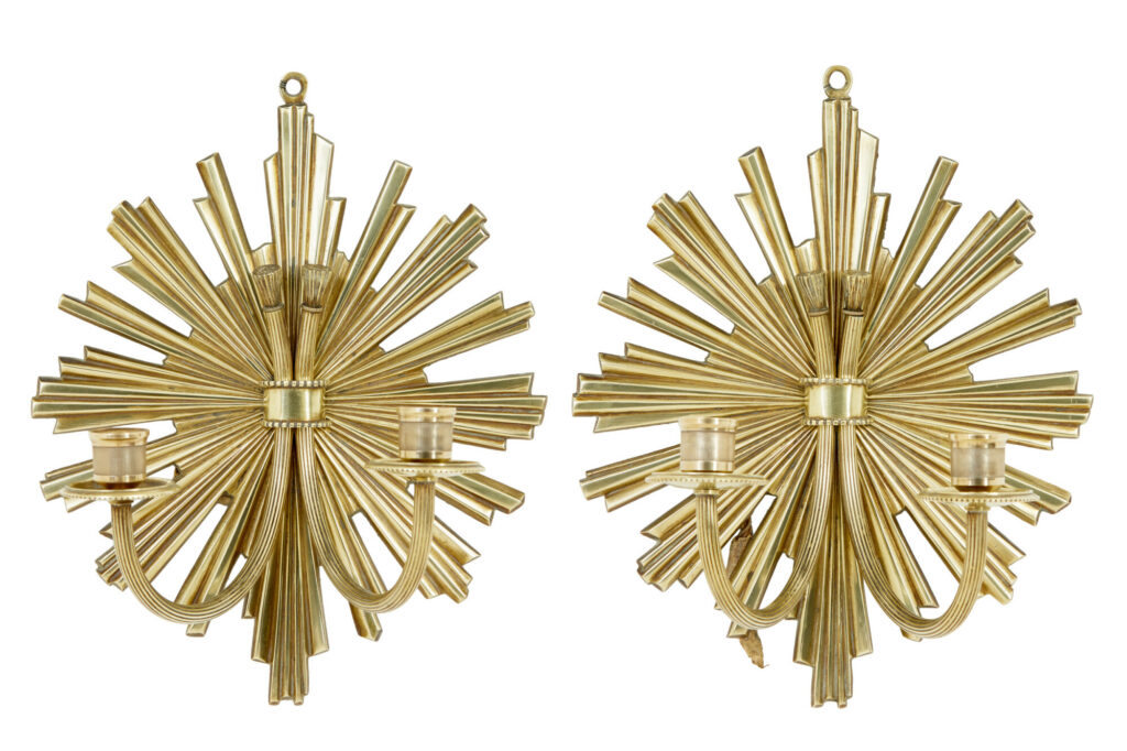 Quality Pair of Art Deco Gilt Sunburst Wall Sconces