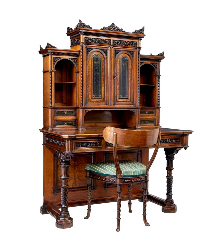 ECLECTIC 19TH CENTURY CARVED WALNUT DESK AND CHAIR