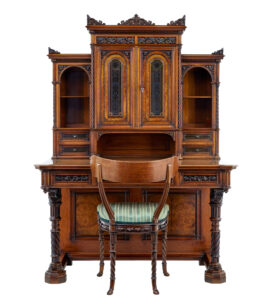 Eclectic 19th Century Carved Walnut Desk and Chair — thumbnail 9