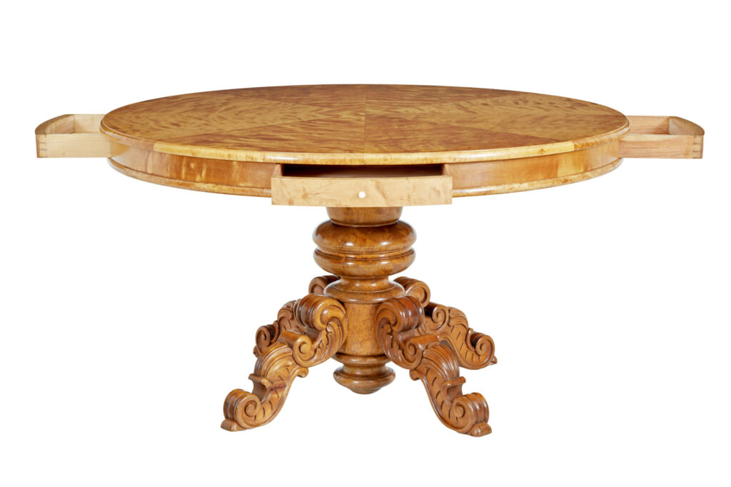19th Century Swedish Carved Birch Adjustable Dining Table — image 9