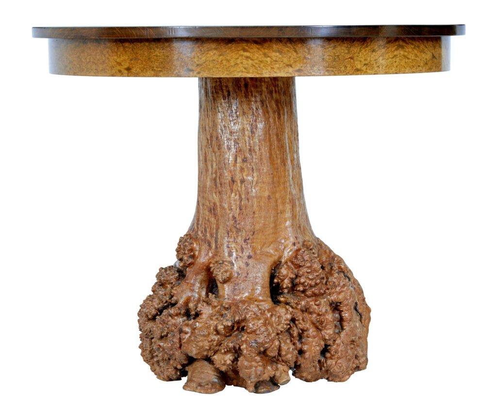 Scandinavian Circular Occasional Table with Burr Root Base