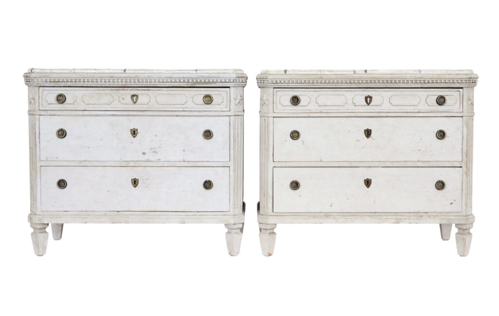 PAIR OF 19TH CENTURY SWEDISH PAINTED FAUX MARBLE TOP CHEST OF DRAWERS