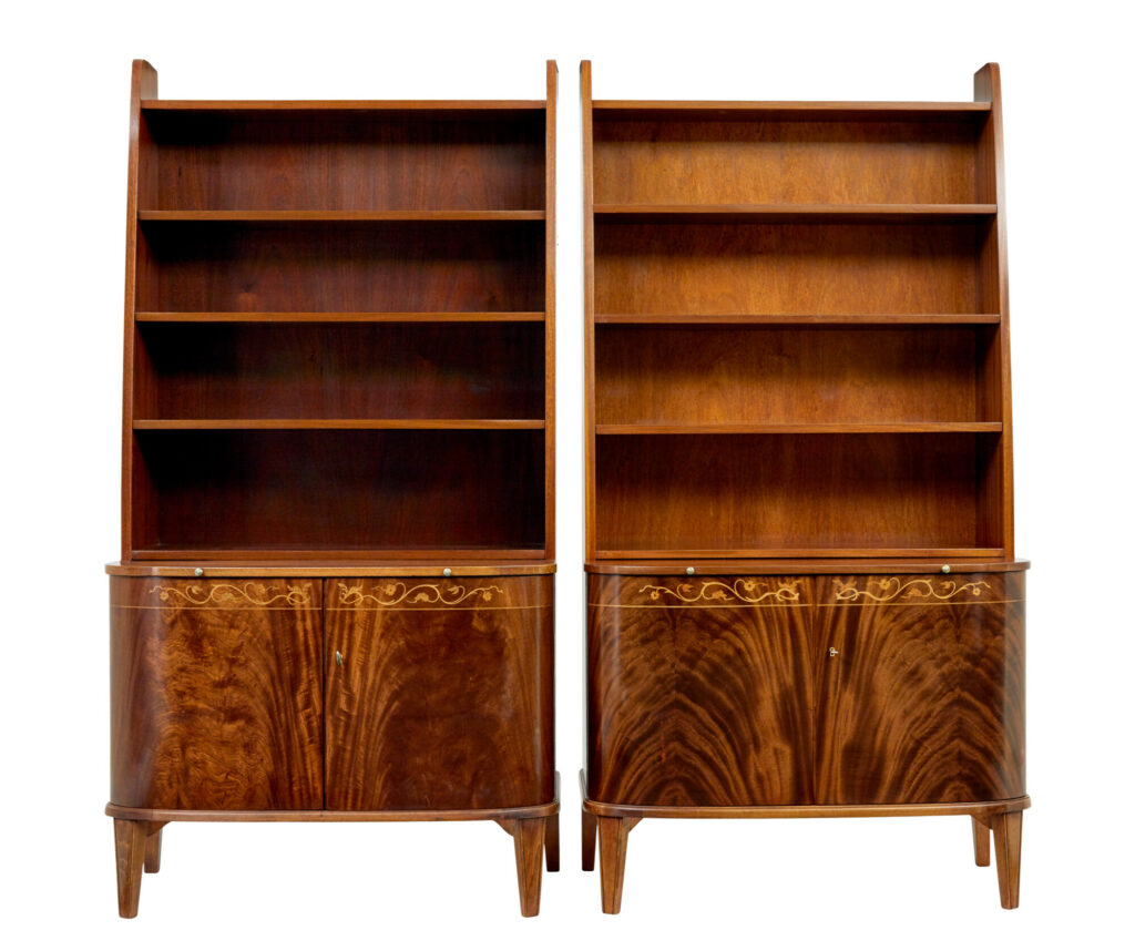 Pair of Mid 20th Century Flame Mahogany Swedish Bookcases by Bodafors