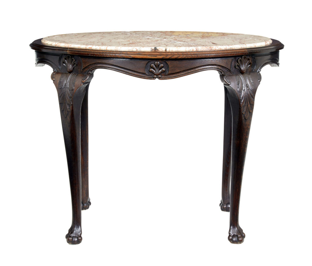 19th Century French Art Nouveau Oak Marble Top Table — image 7
