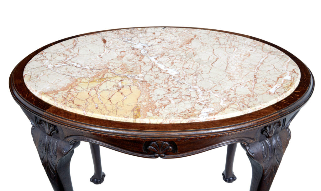 19th Century French Art Nouveau Oak Marble Top Table — image 5