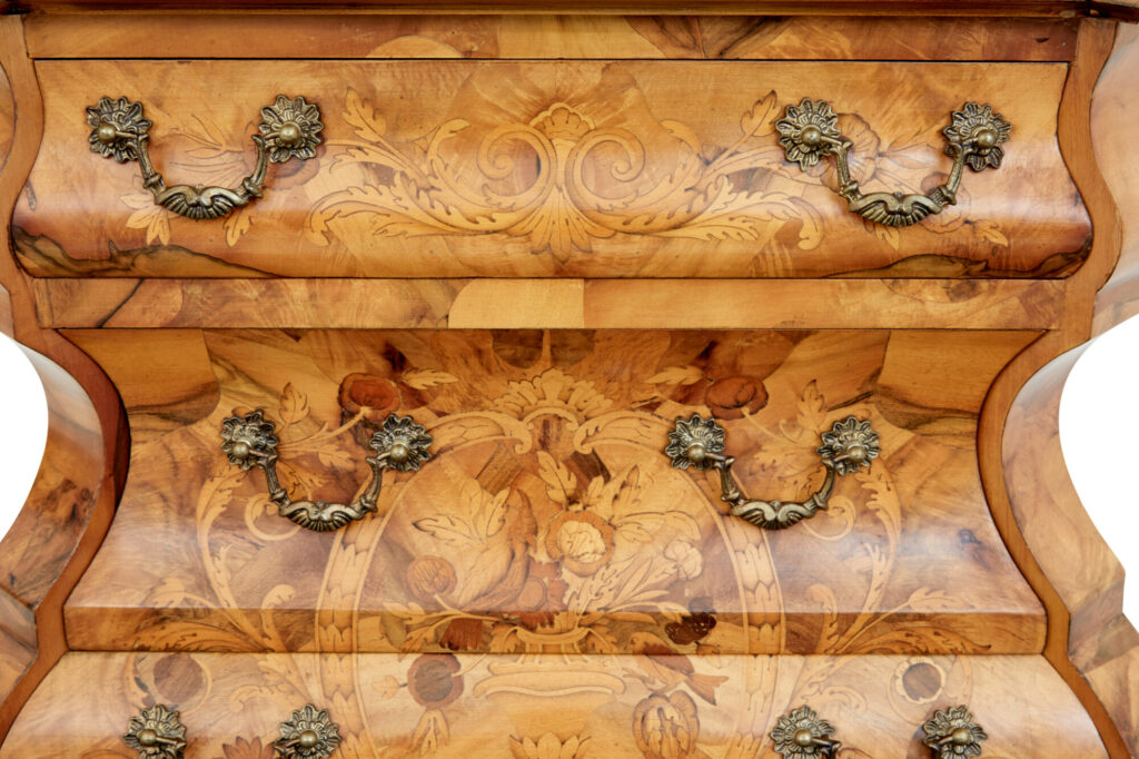 Fine Quality Walnut Inlaid Small Bombe Commode — image 2